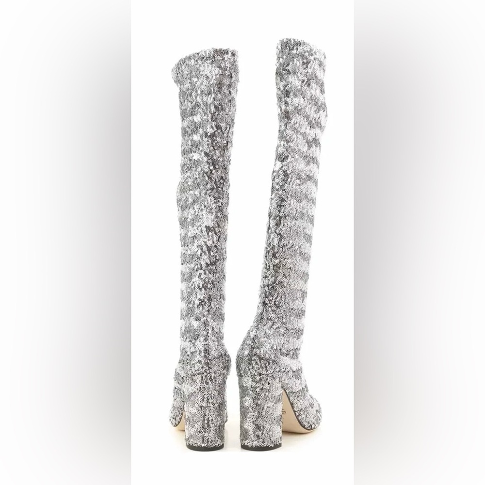 DOLCE AND GABBANA Silver Sequin Knee-High Boots - Picture 4 of 6